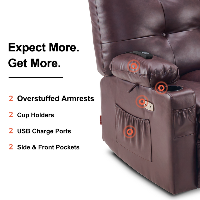 Mcombo Large Electric Power Swivel Glider Rocker Recliner Chair with Massage and Heat, USB Ports, Remote, USB Ports, 2 Side & Pockets, Faux Leather 7748