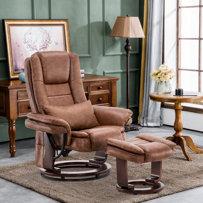 MCombo Recliner with Ottoman Chair Accent Recliner Chair with Vibration Massage, 360 Degree Swivel Wood Base, Faux Leather 9096