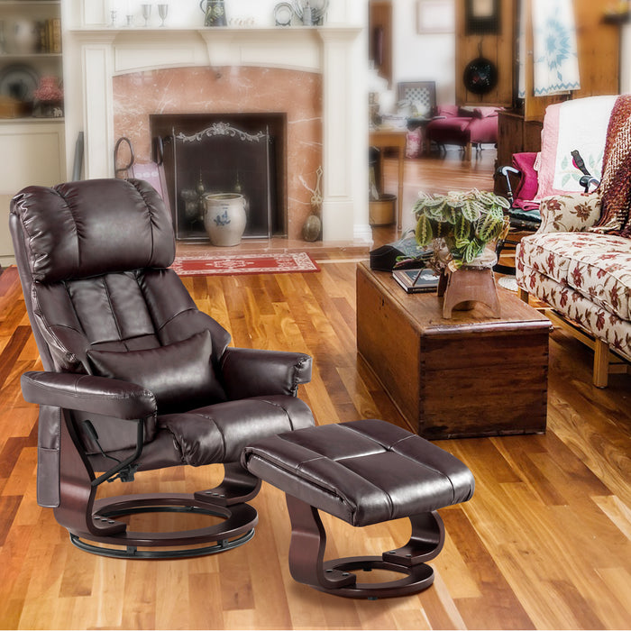 Mcombo Recliner with Ottoman Reclining Chair with Vibration Massage and Lumbar Pillow, 360 Degree Swivel Wood Base, Faux Leather 9068