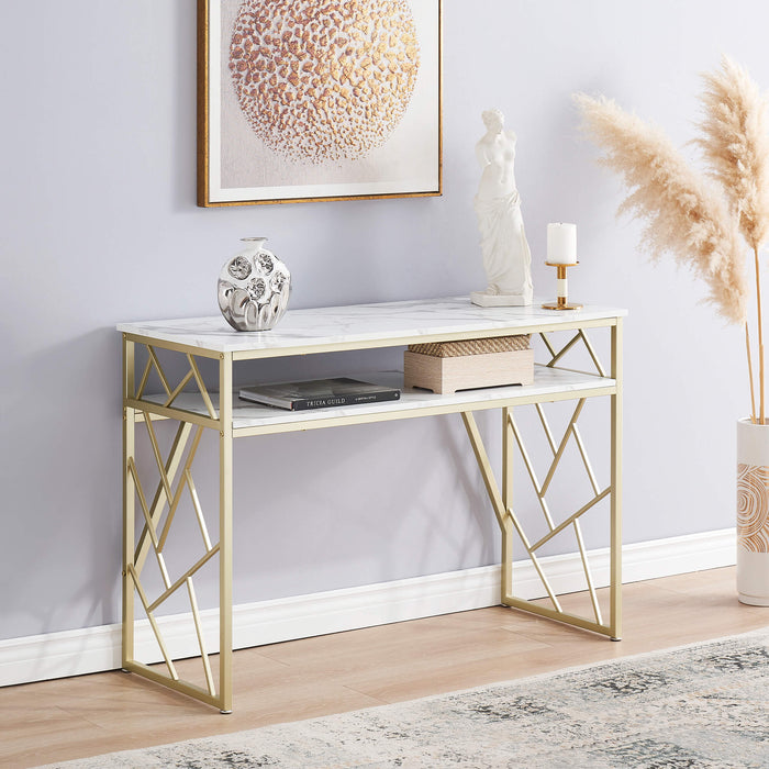 White Console Table with Storage, Modern Sofa Table for Living Room, Narrow Rectangular Entryway Table with Shelves, for Hallway, Faux Marble Veneer and Gold Metal Frame, Easy Assembly 6090-MAKEUP-1145GW