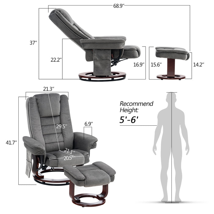 MCombo Fabric Recliner Massage Chair with Ottoman, Swivel Chair with Wood Base, for Living Reading Room Bedroom, 9099