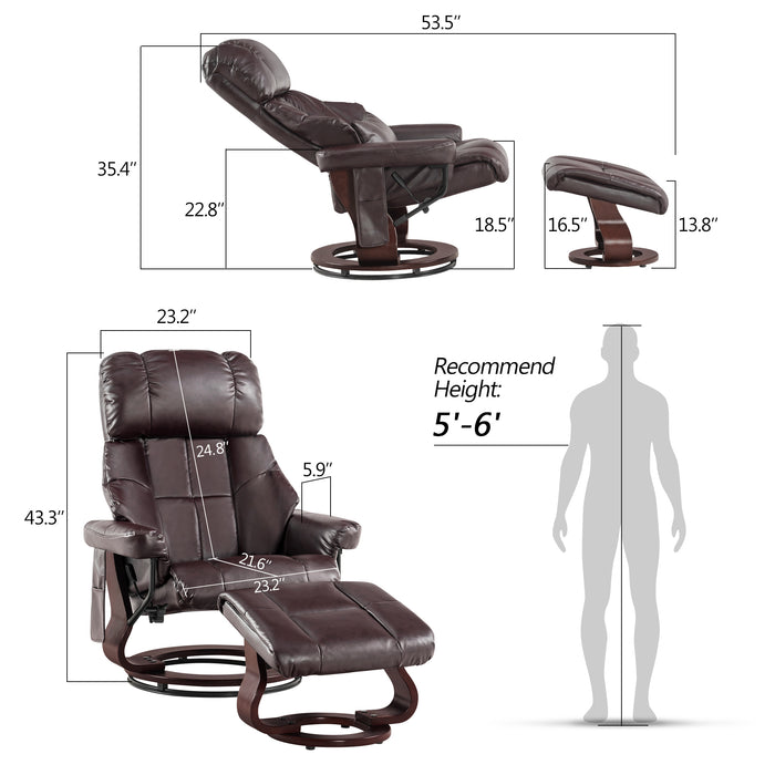 MCombo Recliner with Ottoman Reclining Chair with Massage and Lumbar Pillow, 360 Degree Swivel Wood Base, Faux Leather 9068