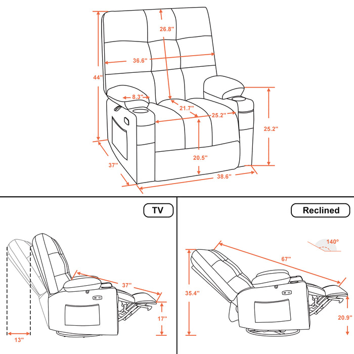 Mcombo Large Electric Power Swivel Glider Rocker Recliner Chair with Massage and Heat, USB Ports, Remote, USB Ports, 2 Side & Pockets, Faux Leather 7748