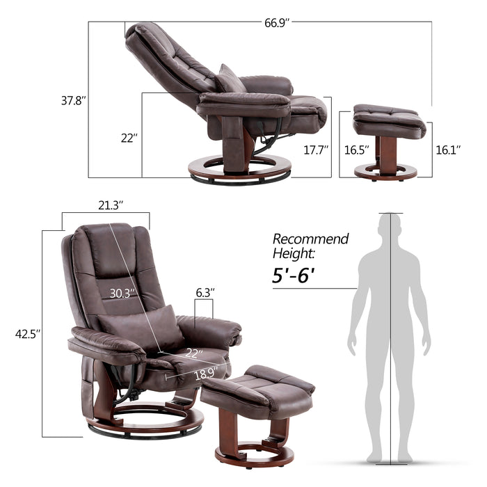 MCombo Recliner with Ottoman Chair Accent Recliner Chair with Vibration Massage, 360 Degree Swivel Wood Base, Faux Leather 9096