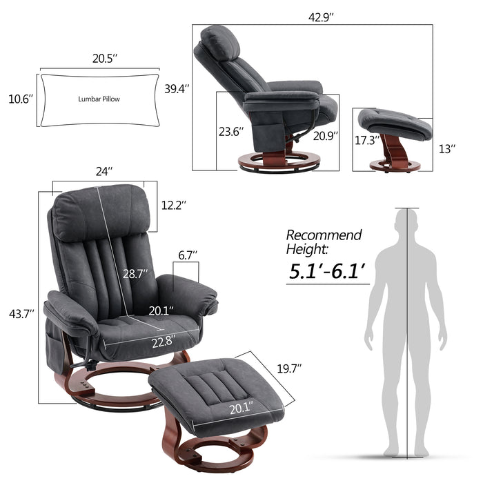 Mcombo Reclining Chairs with Ottoman, 360 Degrees Swivel Recliners with Massage, Faux Leather Ergonomic Lounge Chairs for Living Room Bedroom 4999