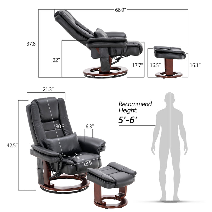 MCombo Recliner with Ottoman Chair Accent Recliner Chair with Vibration Massage, 360 Degree Swivel Wood Base, Faux Leather 9096