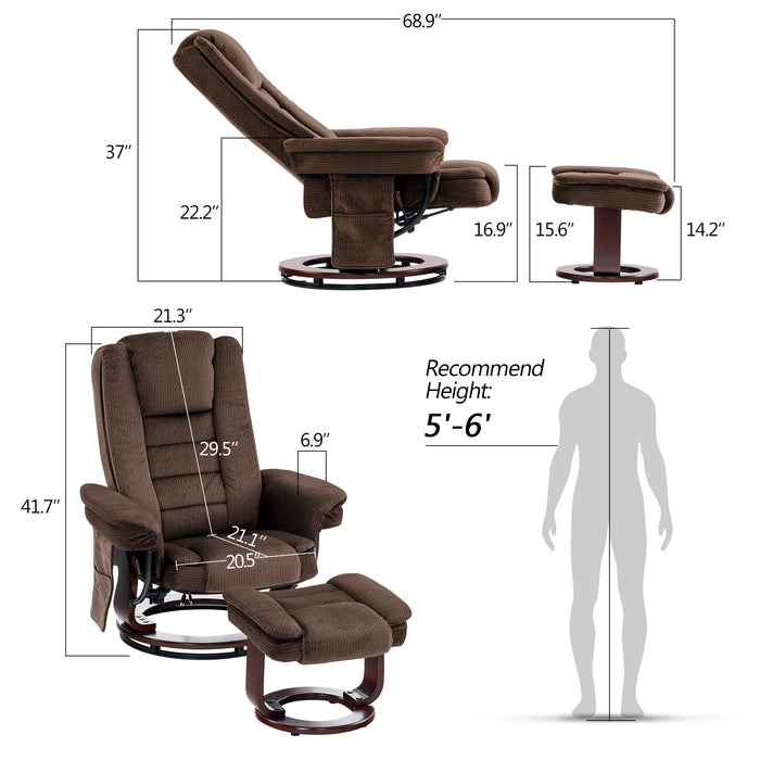 MCombo Fabric Recliner Massage Chair with Ottoman, Swivel Chair with Wood Base, for Living Reading Room Bedroom, 9099