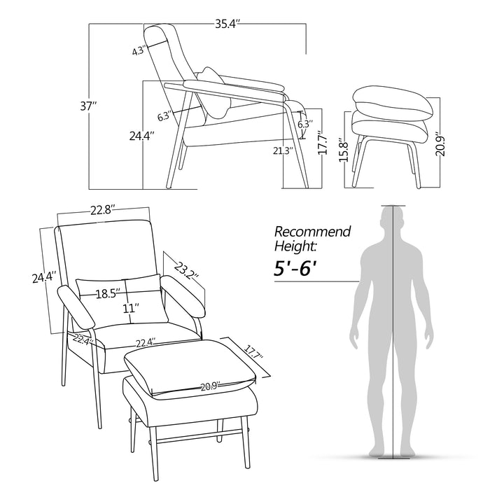 MCombo Modern Accent Chair with Ottoman for Living Room Bedroom, Mid-century Lounge Soft Fabric Seats Club Armchairs Indoor Furniture 4123