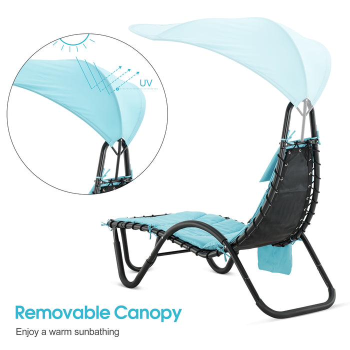 Mcombo Outdoor Chaise Lounge Chair w/Adjustable Canopy, Adjustable Cushioned Reclining Chair w/Side Pocket and Arc Stand, Sun Lounger for Beach Poolside Backyard Balcony Porch, 4097