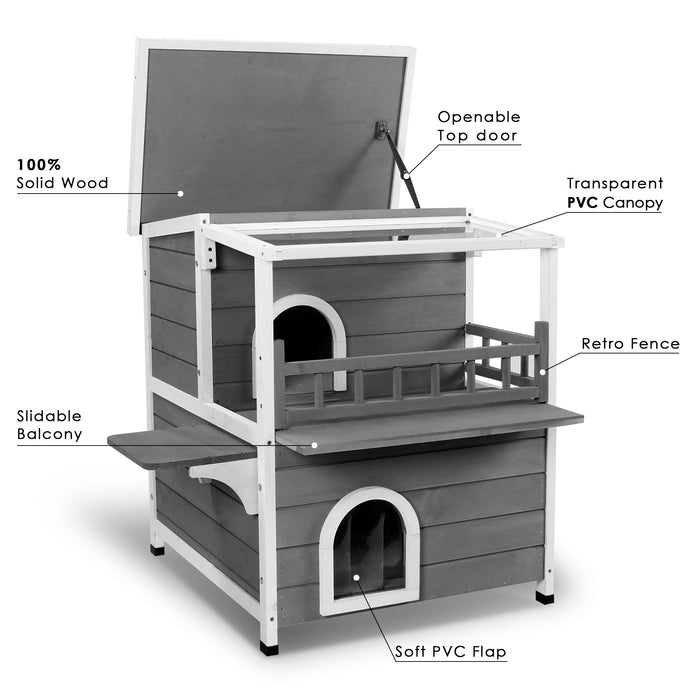 MCombo 2-Story Outdoor Cat House with Waterproof Roof, Wooden Catio Indoor Cat Enclosure with Escape Doors, Multiple Cat Shelter Feral Kitty Cage for Inside/Outside 0509