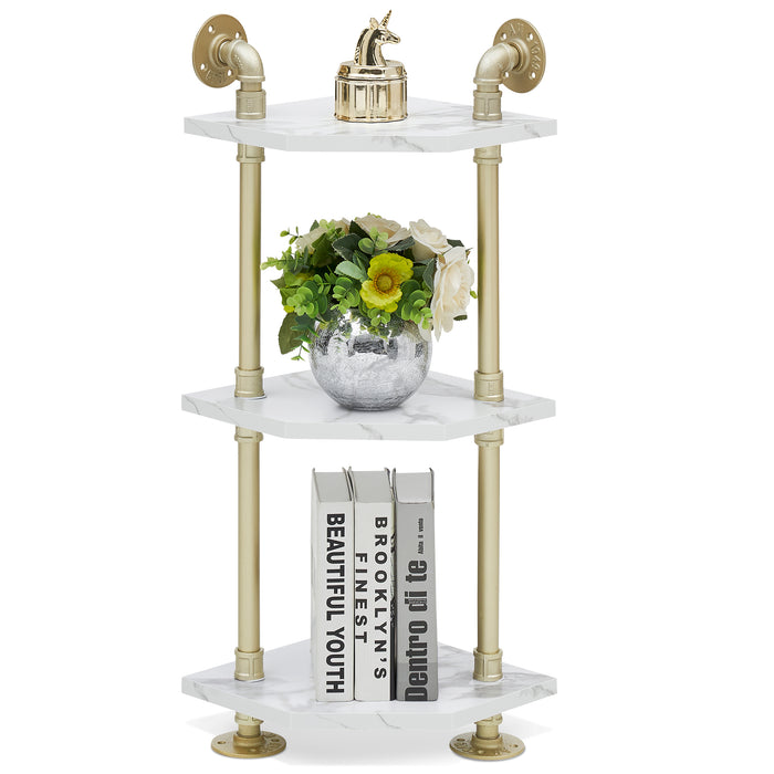 Corner Bookshelf with Storage, Wall Mount Pipe Open Shelves, White Corner Shelf Stand, Gold Metal Décor Bookcase , Modern Shelf Organizer Display Stand Rack for Bedroom, Bathroom, Home, Office, Living Room 6090-CS303WGD/6090-CS404WGD/6090-CS505WGD