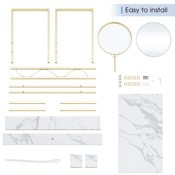 Makeup Vanity, White Wooden Marble Pattern Vanity Desk, Makeup Desk with Removeable Vanity Mirror, Bookshelf, for Girls’ Dressing, Work and Study, Vanity Table for Bedroom 6090-MAKEUP-4576GW/6090-MAKEUP-1575GW