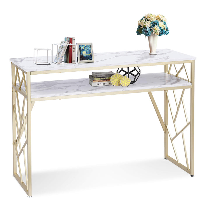 White Console Table with Storage, Modern Sofa Table for Living Room, Narrow Rectangular Entryway Table with Shelves, for Hallway, Faux Marble Veneer and Gold Metal Frame, Easy Assembly 6090-MAKEUP-1145GW