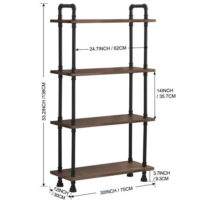 Mcombo Industrial Bookshelf Wood & Metal Bookcase, Rustic Plant Shelf Storage Rack Vintage Kitchen Shelves, Wide Modern Open Display Shelf Heavy Duty Pipe Book Cases Farmhouse Etagere BS505/404/303BLK