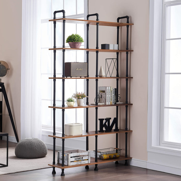 Mcombo Industrial Bookshelf Metal Bookcase, Cube Storage Shelf Plant Shelf Vintage Wooden Shelves, Farmhouse Etagere Heavy Duty Display Oak Shelf 6090-PIPE-WT