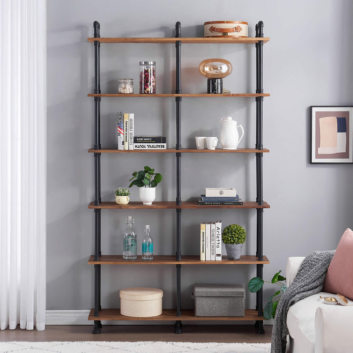 Mcombo Industrial Bookshelf Metal Bookcase, Cube Storage Shelf Plant Shelf Vintage Wooden Shelves, Farmhouse Etagere Heavy Duty Display Oak Shelf 6090-PIPE-WT