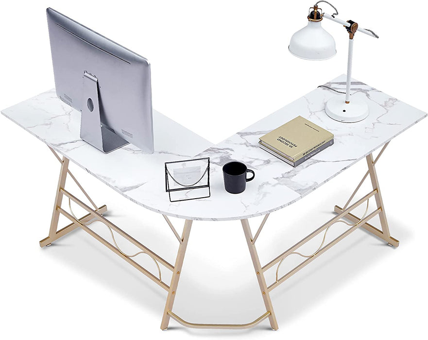 L-Shaped Computer Corner Desk, 49.6 inch White Gold Home Office Desk, Modern Gaming Desk, Writing Table Workstation Desk for Small Space（6090-7449WG  6090-7449BR 6090-7449BK)