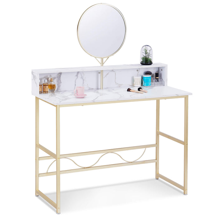 Makeup Vanity, White Wooden Marble Pattern Vanity Desk, Makeup Desk with Removeable Vanity Mirror, Bookshelf, for Girls’ Dressing, Work and Study, Vanity Table for Bedroom 6090-MAKEUP-4576GW/6090-MAKEUP-1575GW