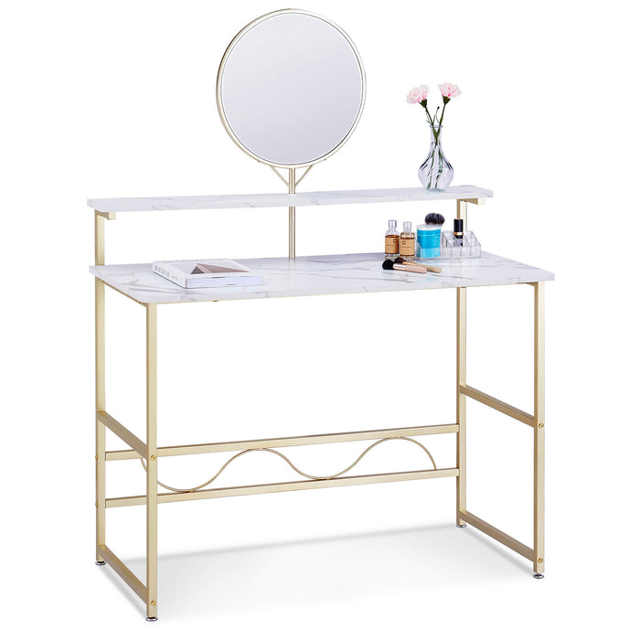 Makeup Vanity, White Wooden Marble Pattern Vanity Desk, Makeup Desk with Removeable Vanity Mirror, Bookshelf, for Girls’ Dressing, Work and Study, Vanity Table for Bedroom 6090-MAKEUP-4576GW/6090-MAKEUP-1575GW