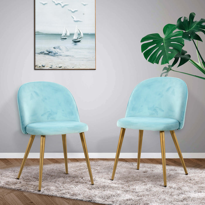 Mcombo Velvet Dining Chairs Set of 2, Soft Tufted Modern Living Room Chairs Upholstered Accent Chairs Baby Blue Armless Chairs with Gold-Finished Metal Legs 6090-GD923