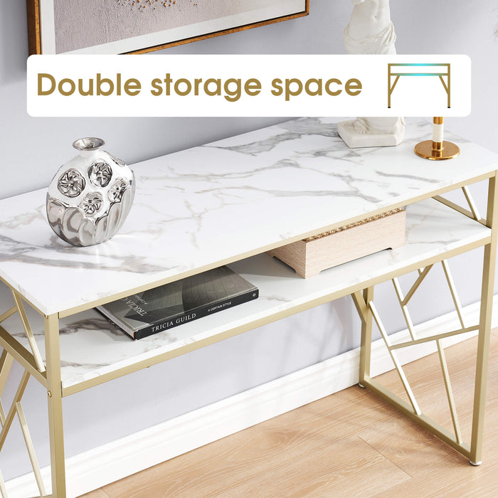 White Console Table with Storage, Modern Sofa Table for Living Room, Narrow Rectangular Entryway Table with Shelves, for Hallway, Faux Marble Veneer and Gold Metal Frame, Easy Assembly 6090-MAKEUP-1145GW