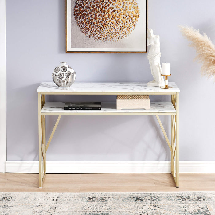 White Console Table with Storage, Modern Sofa Table for Living Room, Narrow Rectangular Entryway Table with Shelves, for Hallway, Faux Marble Veneer and Gold Metal Frame, Easy Assembly 6090-MAKEUP-1145GW