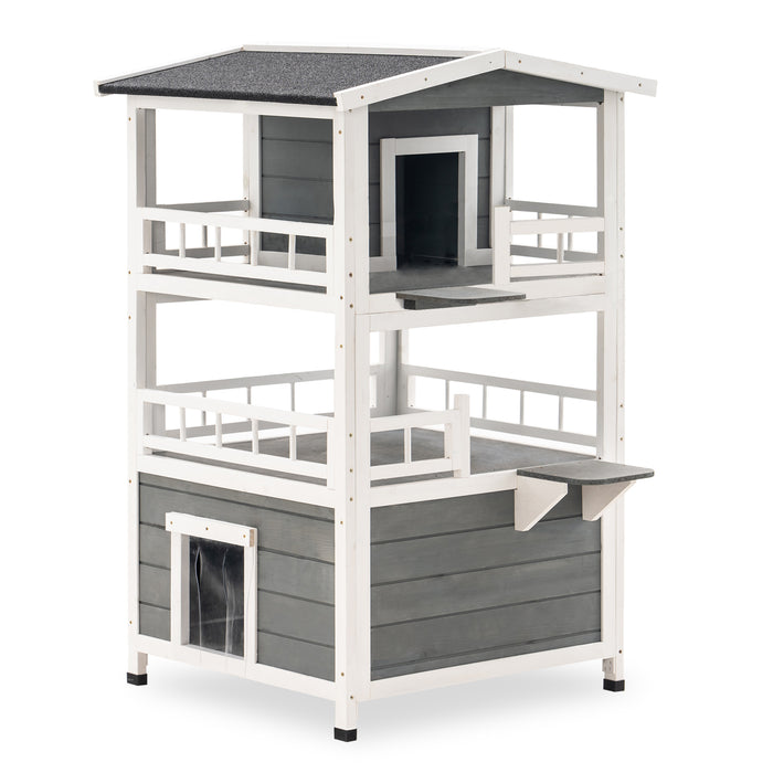 Mcombo Wooden Cat House Outdoor/Indoor, 2-Story Catio Cat Shelter Kitty House for Feral Cats, Stray Cats, Pet, Grey 6012-1468EY