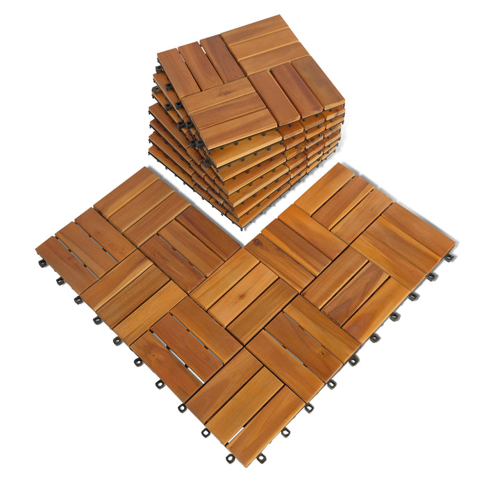 Mcombo Wood Outdoor Flooring, Interlocking Deck Tiles Solid Wood Acacia Deck Tiles for Patio Lawn Garden Balcony and Backyard (Pack of 10, 12" x12"), 6083-IN01-BR/6083-IN02-EY/6083-IN03-wd