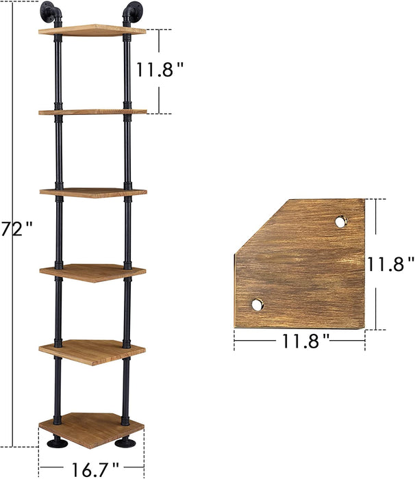 Mcombo Industrial Wall Mount Pipe Shelves, 3/4/5-Tier Corner Shelf with Solid Wood, Corner Bookshelf Display Stand,Metal Standing Bookcase 6090-BS303/404/505/606BRN