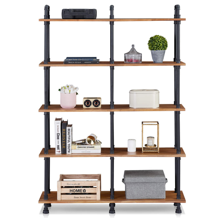 Mcombo Industrial Bookshelf Metal Bookcase, Cube Storage Shelf Plant Shelf Vintage Wooden Shelves, Farmhouse Etagere Heavy Duty Display Oak Shelf 6090-PIPE-WT