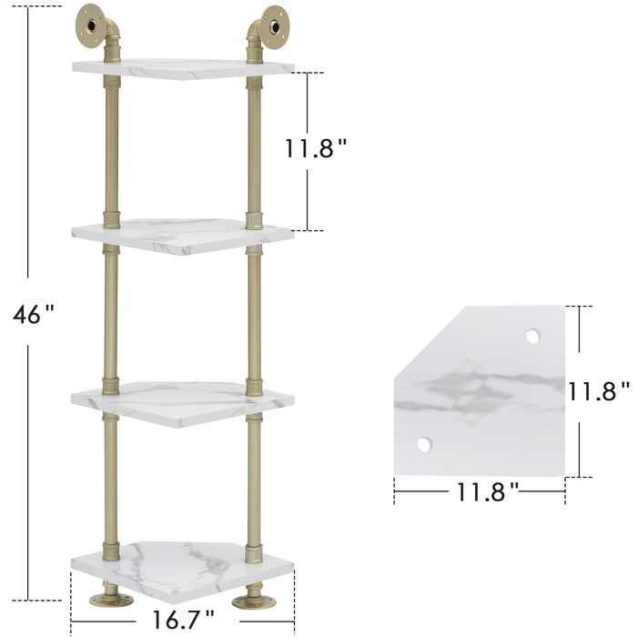 Ivinta Corner Bookshelf with Storage, Wall Mount Pipe Open Shelves, White Corner Shelf Stand, Gold Metal Bookcase, Modern Shelf Organizer Display