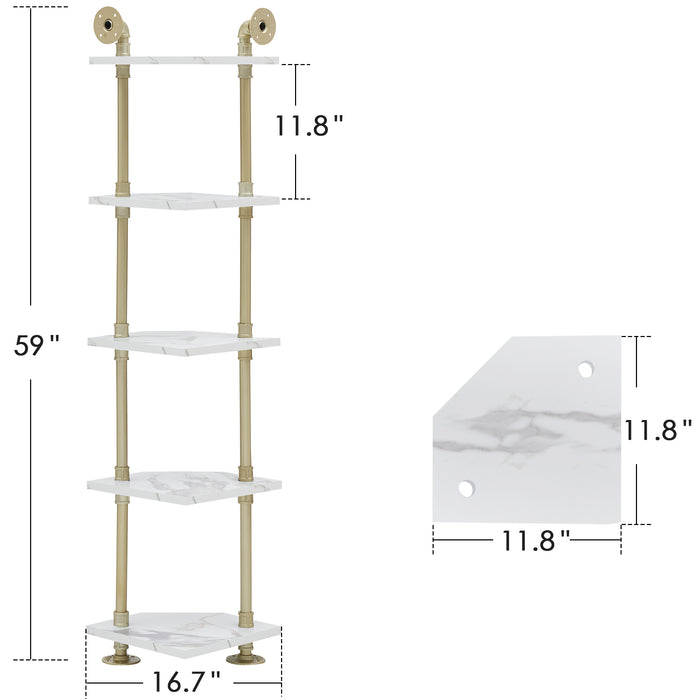 Corner Bookshelf with Storage, Wall Mount Pipe Open Shelves, White Corner Shelf Stand, Gold Metal Décor Bookcase , Modern Shelf Organizer Display Stand Rack for Bedroom, Bathroom, Home, Office, Living Room 6090-CS303WGD/6090-CS404WGD/6090-CS505WGD