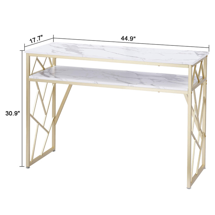 White Console Table with Storage, Modern Sofa Table for Living Room, Narrow Rectangular Entryway Table with Shelves, for Hallway, Faux Marble Veneer and Gold Metal Frame, Easy Assembly 6090-MAKEUP-1145GW