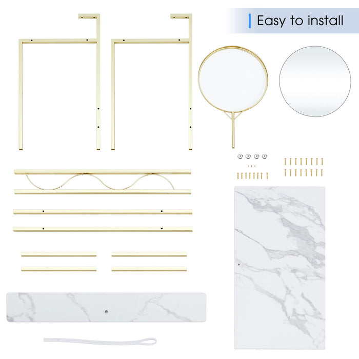 Makeup Vanity, White Wooden Marble Pattern Vanity Desk, Makeup Desk with Removeable Vanity Mirror, Bookshelf, for Girls’ Dressing, Work and Study, Vanity Table for Bedroom 6090-MAKEUP-4576GW/6090-MAKEUP-1575GW
