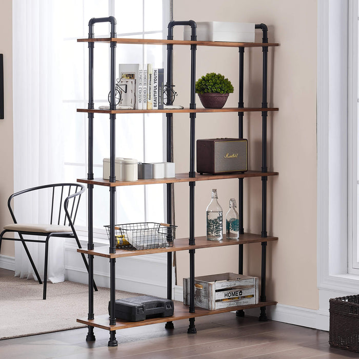 Mcombo Industrial Bookshelf Metal Bookcase, Cube Storage Shelf Plant Shelf Vintage Wooden Shelves, Farmhouse Etagere Heavy Duty Display Oak Shelf 6090-PIPE-WT