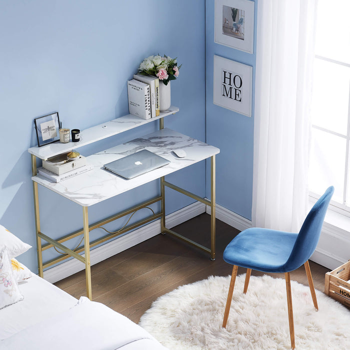 Makeup Vanity, White Wooden Marble Pattern Vanity Desk, Makeup Desk with Removeable Vanity Mirror, Bookshelf, for Girls’ Dressing, Work and Study, Vanity Table for Bedroom 6090-MAKEUP-4576GW/6090-MAKEUP-1575GW