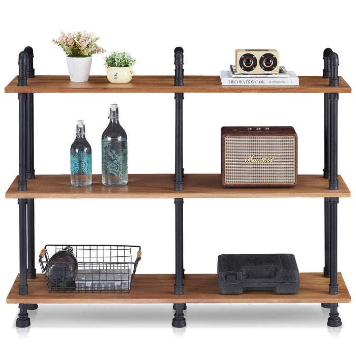 Mcombo Industrial Bookshelf Metal Bookcase, Cube Storage Shelf Plant Shelf Vintage Wooden Shelves, Farmhouse Etagere Heavy Duty Display Oak Shelf 6090-PIPE-WT