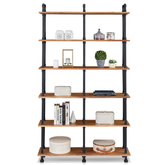 Mcombo Industrial Bookshelf Metal Bookcase, Cube Storage Shelf Plant Shelf Vintage Wooden Shelves, Farmhouse Etagere Heavy Duty Display Oak Shelf 6090-PIPE-WT