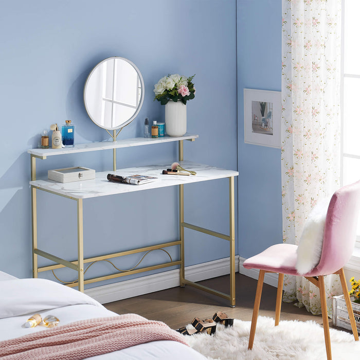 Makeup Vanity, White Wooden Marble Pattern Vanity Desk, Makeup Desk with Removeable Vanity Mirror, Bookshelf, for Girls’ Dressing, Work and Study, Vanity Table for Bedroom 6090-MAKEUP-4576GW/6090-MAKEUP-1575GW