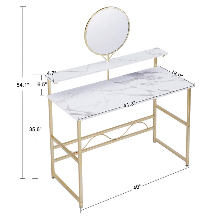 Makeup Vanity, White Wooden Marble Pattern Vanity Desk, Makeup Desk with Removeable Vanity Mirror, Bookshelf, for Girls’ Dressing, Work and Study, Vanity Table for Bedroom 6090-MAKEUP-4576GW/6090-MAKEUP-1575GW