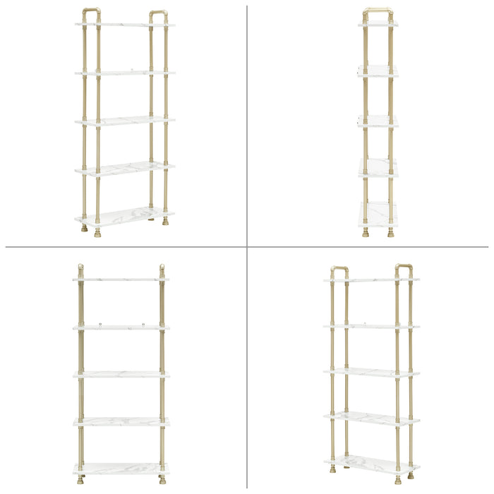 Mcombo 5 Tier Bookshelf Tall, Open Etagere Bookcase with Metal Frame, Office Shelf Storage Organizer, Modern Book Shelf for Living Room, Bedroom, Home Décor Display Rack, White Marble Gold 6090-BS303WGD/6090-BS404WGD/6090-BS505WGD