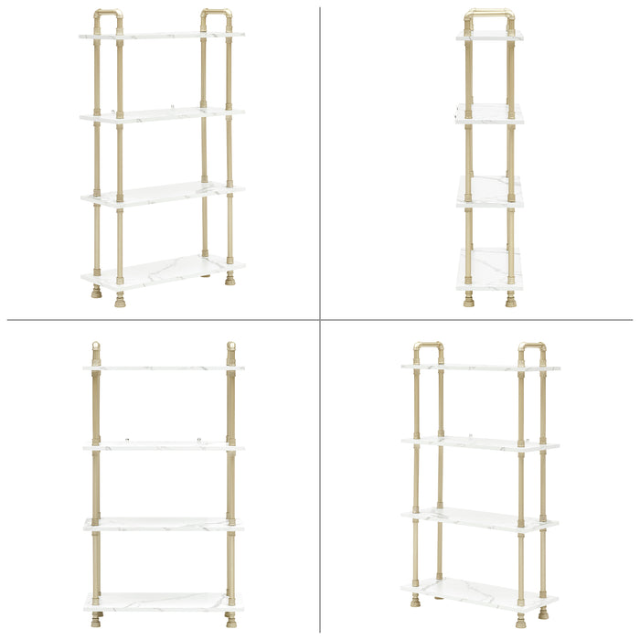 Mcombo 5 Tier Bookshelf Tall, Open Etagere Bookcase with Metal Frame, Office Shelf Storage Organizer, Modern Book Shelf for Living Room, Bedroom, Home Décor Display Rack, White Marble Gold 6090-BS303WGD/6090-BS404WGD/6090-BS505WGD