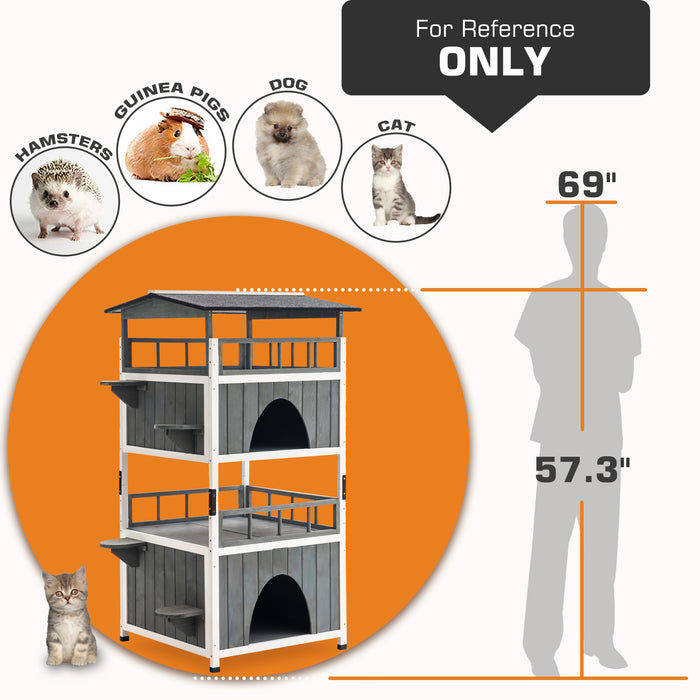 Lovupet Large Cat House for Outdoor/Indoor, 2 Story Cat Shelter Kitten Playhouse Condo with Enclosure  for Small Dogs, Pet Feral Cat Gray 6012-CT01-EY