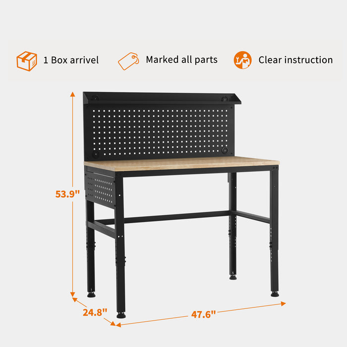 Mcombo Adjustable Workbench with Solid Wood Tabletop for Garage, Steel Worktable with 2 Pegboards for Workshop, Workstation for Shop, Home Improvement (1200lbs Load-bearing) (48”x 24”)6220-Bench-48NB/OB